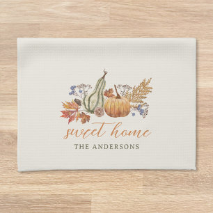 Festive Watercolor Pumpkins Autumn Fall Sweet Home Tea Towel