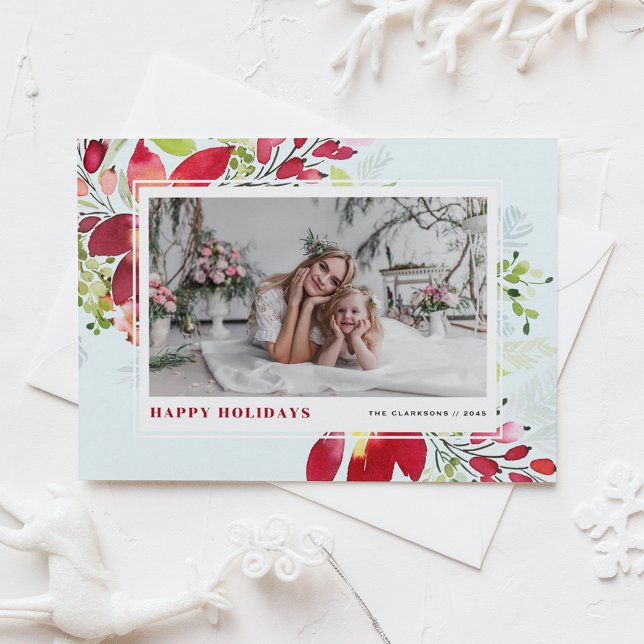 Festive Watercolor Red Poinsettia Photo Christmas Holiday Card (Customizable photo holiday card featuring watercolor red red poinsettia and greenery)