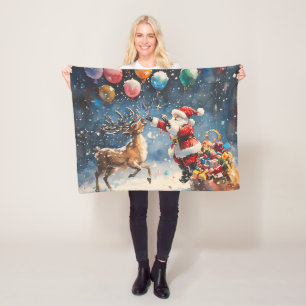 Festive Watercolor Santa Reindeer Colorful Balloon Fleece Blanket