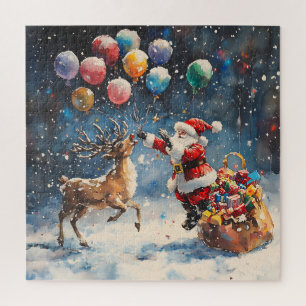 Festive Watercolor Santa Reindeer Colorful Balloon Jigsaw Puzzle