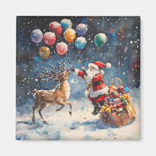 Festive Watercolor Santa Reindeer Colorful Balloon Magnet
