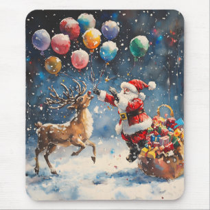 Festive Watercolor Santa Reindeer Colorful Balloon Mouse Mat