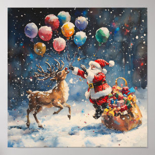 Festive Watercolor Santa Reindeer Colorful Balloon Poster