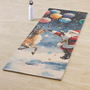 Festive Watercolor Santa Reindeer Colorful Balloon Yoga Mat