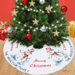 Festive Watercolor Snowman Custom Merry Christmas Brushed Polyester Tree Skirt<br><div class="desc">A festive Christmas tree skirt,  patterned with a watercolor-style picture of a snowman,  and 'Merry Christmas' in red script typography. Personalise with a name,  which will be displayed around the edge of the tree skirt.</div>