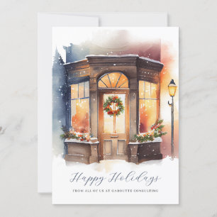 Festive Watercolor Storefront Business  Holiday Card