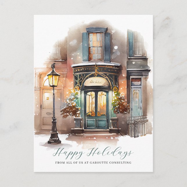 Festive Watercolor Storefront Business Holiday Postcard (Front)
