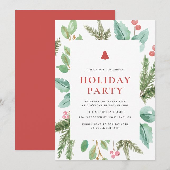 Festive Watercolor Winter Foliage Holiday Party Invitation (Front/Back)