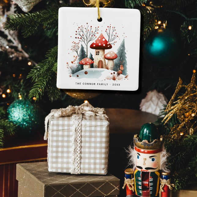 Festive Watercolor Winter Woodland Mushrooms Photo Ceramic Ornament (Creator Uploaded)
