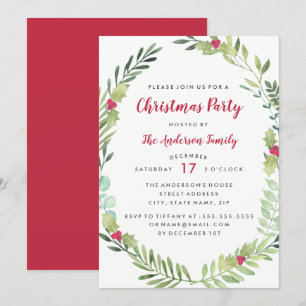 Festive Watercolor Wreath Christmas Party Card