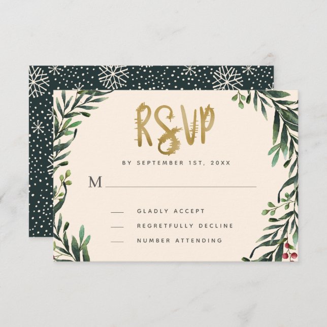 Festive Watercolor Wreath Gold Wedding RSVP Card (Front/Back)