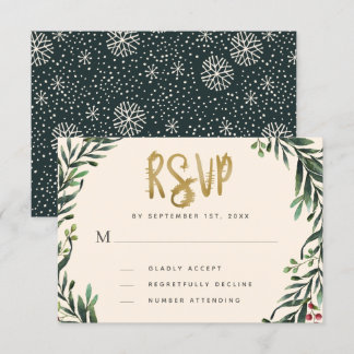 Festive Watercolor Wreath Gold Wedding RSVP Card