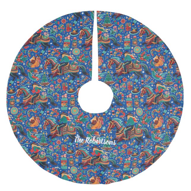 Festive Western Cowgirl Blue Christmas Brushed Polyester Tree Skirt (Front)