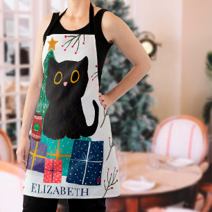 Festive Whimsical Black Cat Coffee Art Christmas Apron