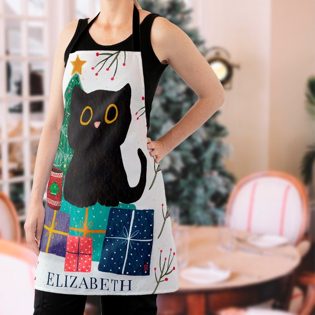 Festive Whimsical Black Cat Coffee Art Christmas Apron (Creator Uploaded)
