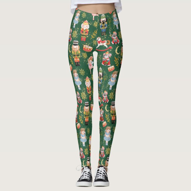 Festive Whimsical Cute Nutcracker Ballet Green Leggings (Front)