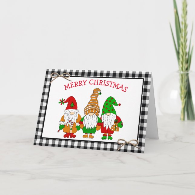 Festive Whimsical Gnomes Merry Christmas Card (Front)