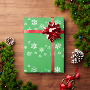 Festive White Alpine Snowflakes On Bright Green Wrapping Paper
