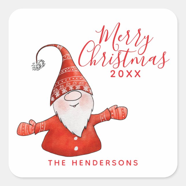 Festive White and Red Gnome Merry Christmas Square Sticker (Front)