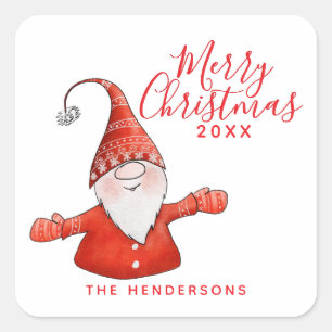 Festive White and Red Gnome Merry Christmas Square Sticker