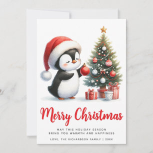 Festive White and Red Penguin Merry Christmas Holiday Card