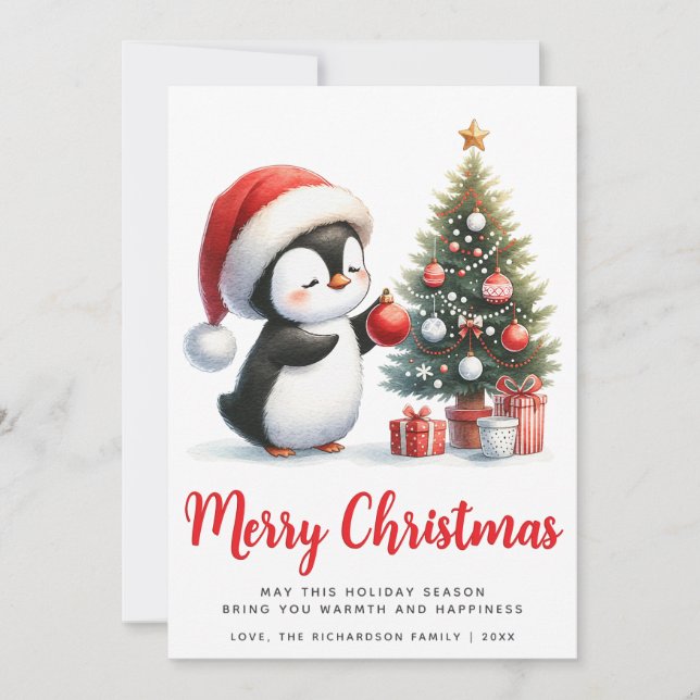 Festive White and Red Penguin Merry Christmas Holiday Card (Front)