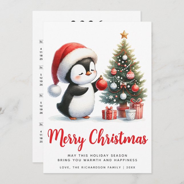 Festive White and Red Penguin Merry Christmas Holiday Card (Front/Back)