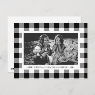 Festive White Buffalo Plaid Single Photo Christmas Postcard