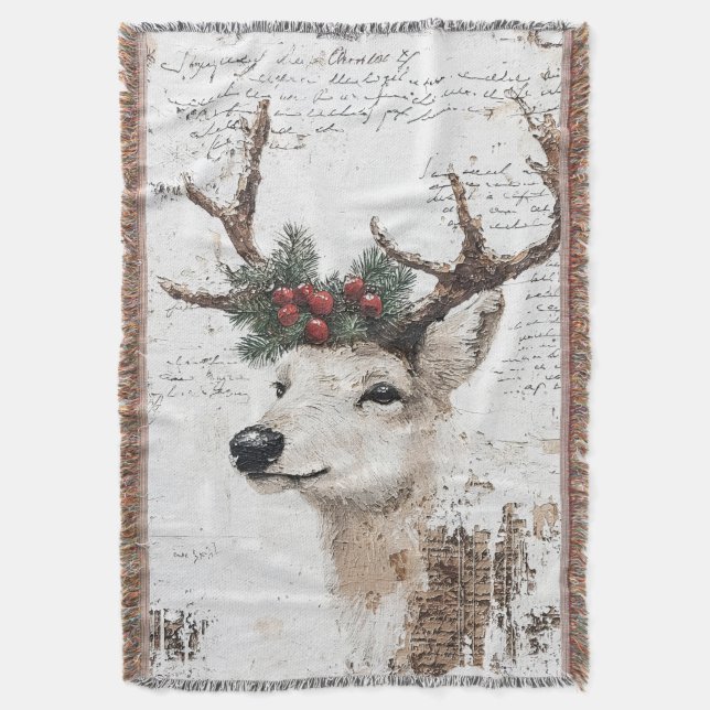 Festive White Deer Christmas Holiday Throw Blanket (Front Vertical)