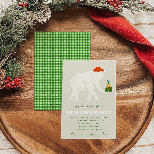 Festive White Elephant Party Illustrated Invitation (Festive White Elephant Party Illustrated Invitation with a green checkered back.)