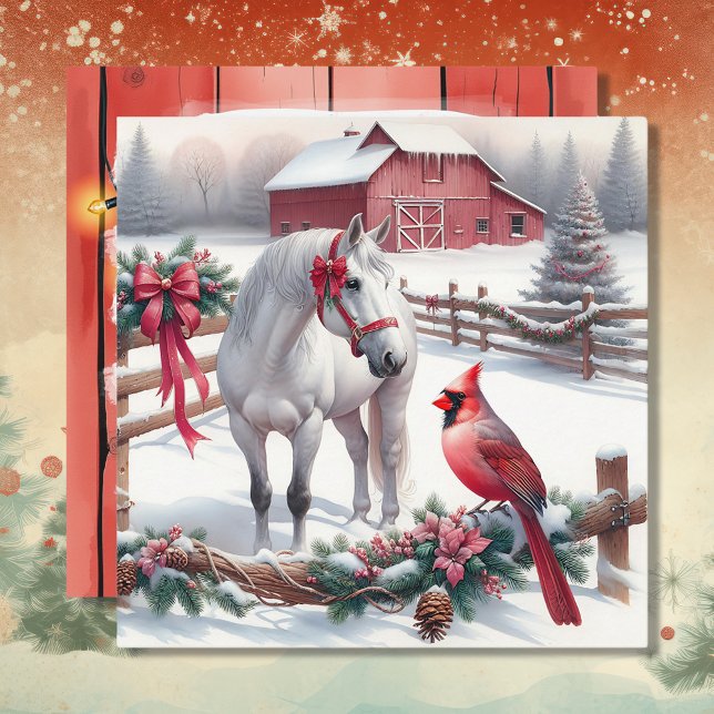 Festive White Horse and Cardinal Christmas Holiday Card (Creator Uploaded)