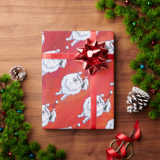 Festive White PomPom Dog Pattern on Red Wrapping Paper