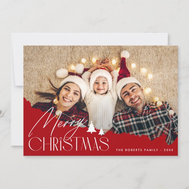 festive white script merry christmas photo card (Front)
