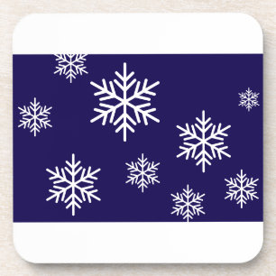 Festive White Snowflakes On Formal Navy Blue Coaster