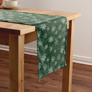 Festive White Snowflakes on Green Long Table Runner