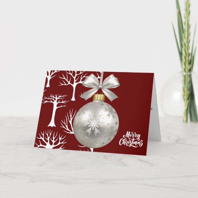 Festive White Trees Christmas Ornament Red  Card (Front)