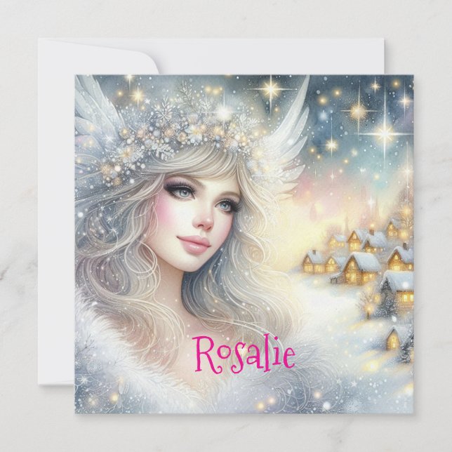 Festive White Watercolor Ethereal Frost Snow Angel Holiday Card (Front)