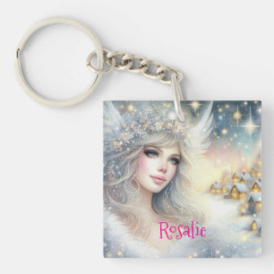 Festive White Watercolor Ethereal Frost Snow Angel Key Ring
