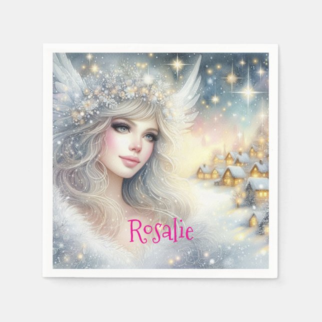 Festive White Watercolor Ethereal Frost Snow Angel Napkin (Front)