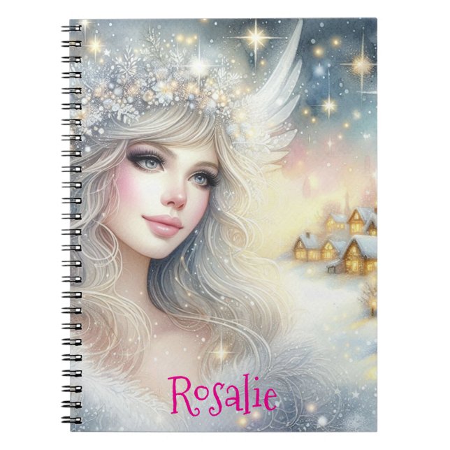 Festive White Watercolor Ethereal Frost Snow Angel Notebook (Front)