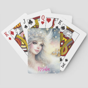 Festive White Watercolor Ethereal Frost Snow Angel Playing Cards