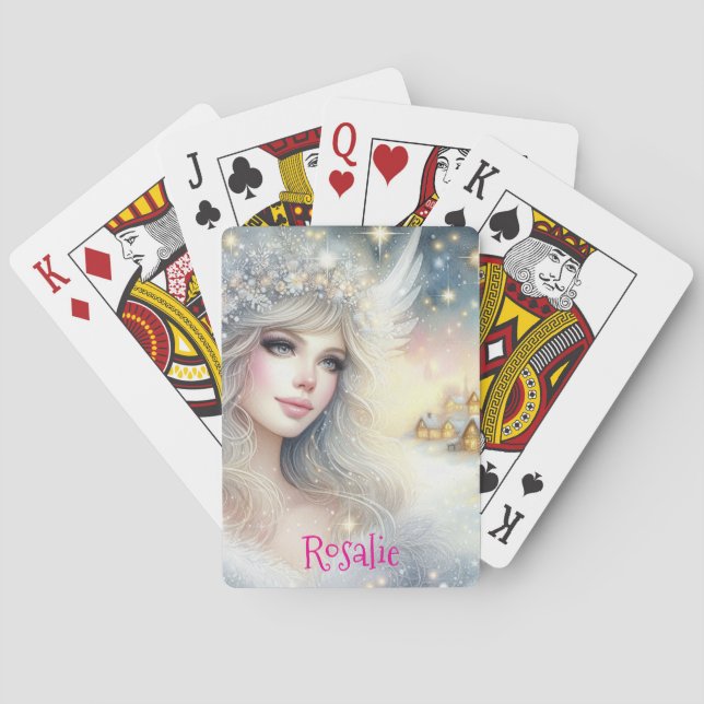 Festive White Watercolor Ethereal Frost Snow Angel Playing Cards (Back)