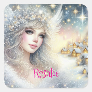 Festive White Watercolor Ethereal Frost Snow Angel Square Sticker