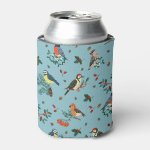 Festive Winter Birds Christmas Pattern Can Cooler