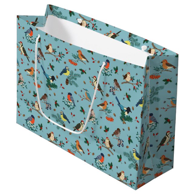 Festive Winter Birds Christmas Pattern Large Gift Bag (Front Angled)