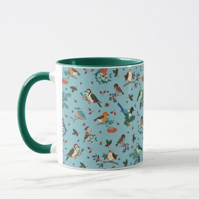 Festive Winter Birds Christmas Pattern Mug (Left)