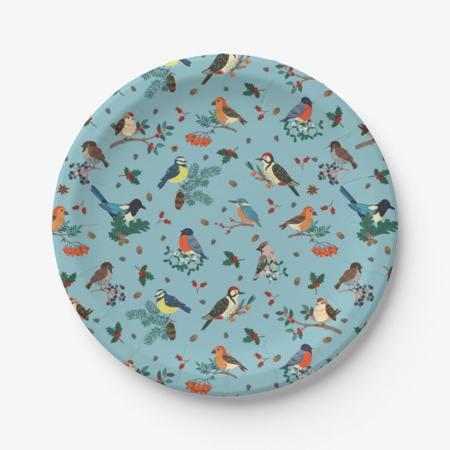 Festive Winter Birds Christmas Pattern Paper Plate (Front)