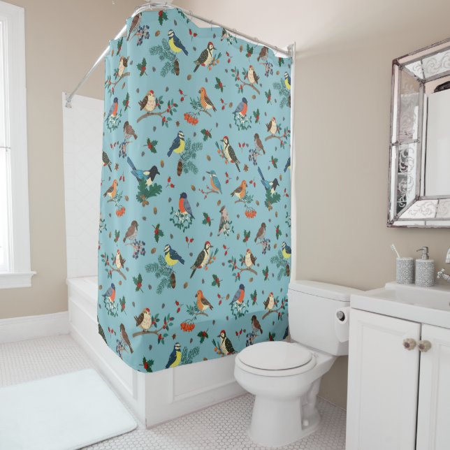 Festive Winter Birds Christmas Pattern Shower Curtain (In Situ)