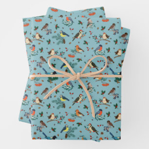 Festive Winter Birds Christmas Pattern Wrapping Paper Sheet