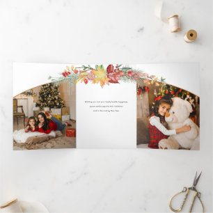 Festive Winter Botanical Calligraphy Photo Tri-Fold Card